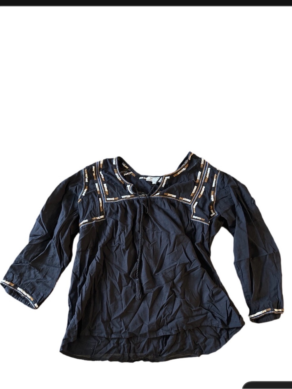 Cost Plus World Market Navy Embroidered Peasant Top